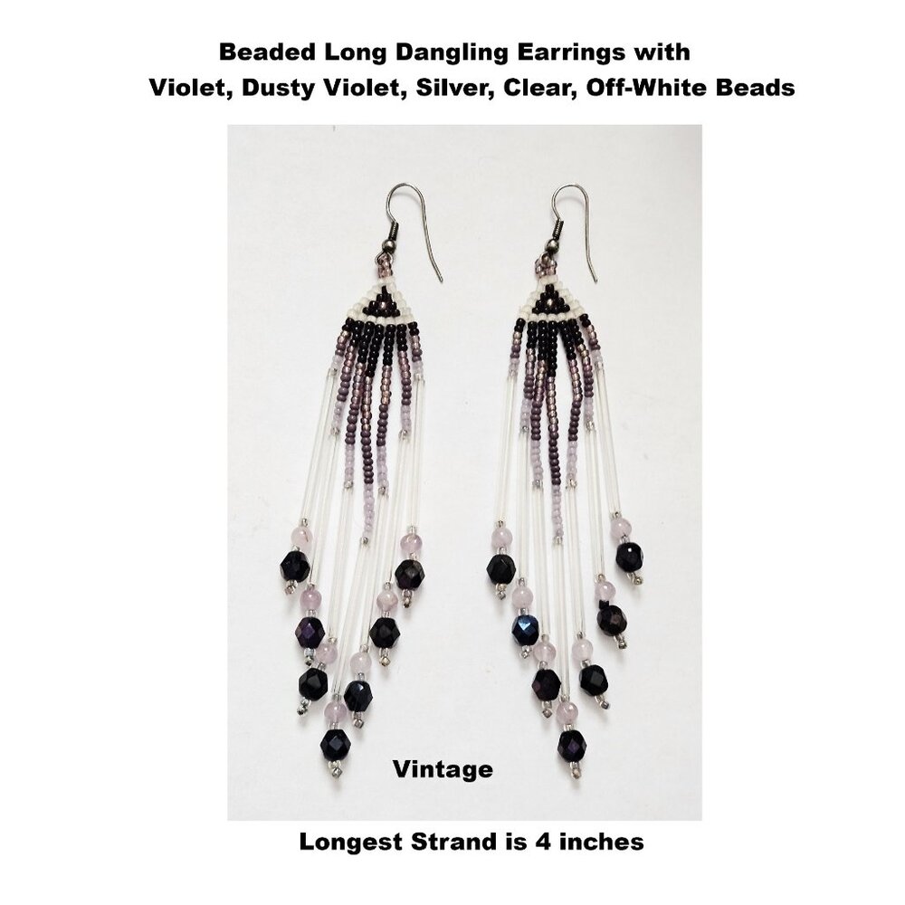 Beaded Long Dangling Earrings - Violet, Dusty Violet, White, Silver, Clear Beads